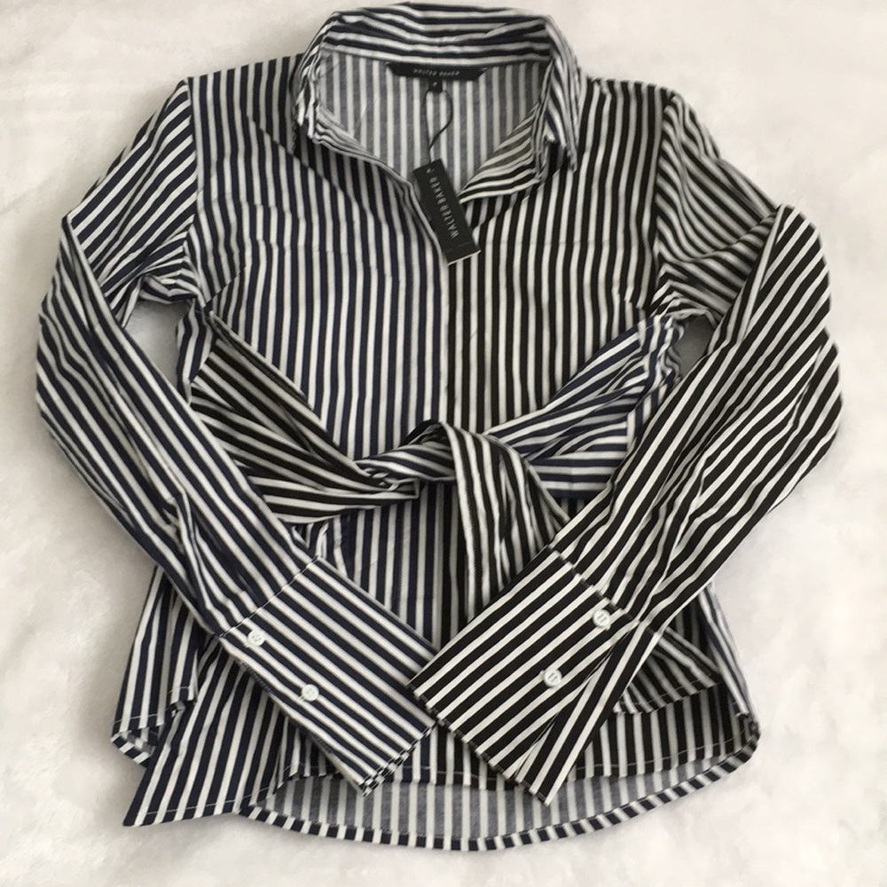 Walter Baker Navy and White Striped Button-Up Blouse